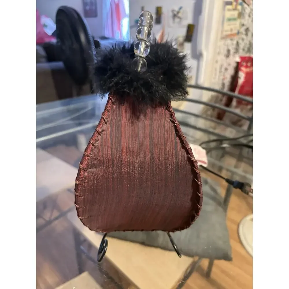 Purse Table Lamp Light Vintage Brown Faux Fur Top Beaded Handle Retro 11.5